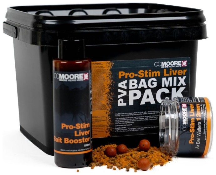 Akcijska kanta CCMoore Pro-Stim Liver PVA Bag Mix Pack 1kg + Booster 100ml + 10 Wafters