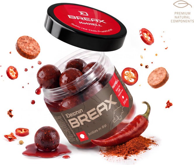 Boilies v Dipe Delphin BreaX/HotHELL Robin Red-Chilli-Fr.Klobása