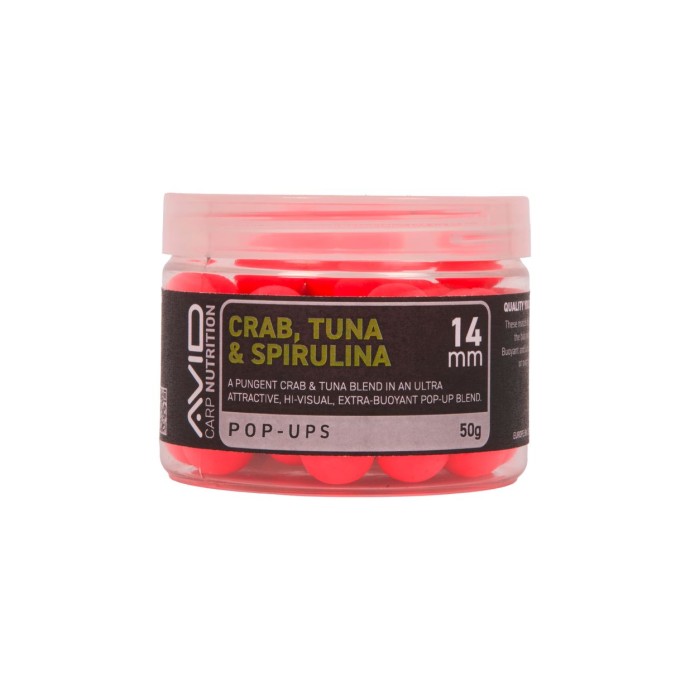 Plávajúce Boilies Avid Carp Crab, Tuna & Spirulina 14mm 50g Ružová