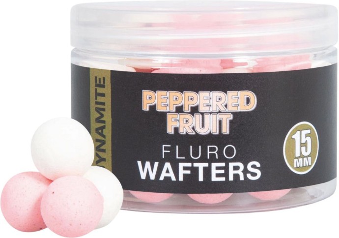 Vyvážené Boilies Dynamite Baits Peppered Fruit Fluro Wafters 15mm